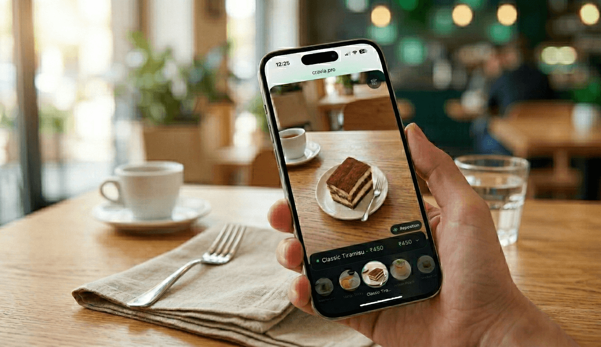 Cravia Augmented Reality Restaurant Menu Interface on Smartphone, showing realistic 3D tiramisu on a table.
